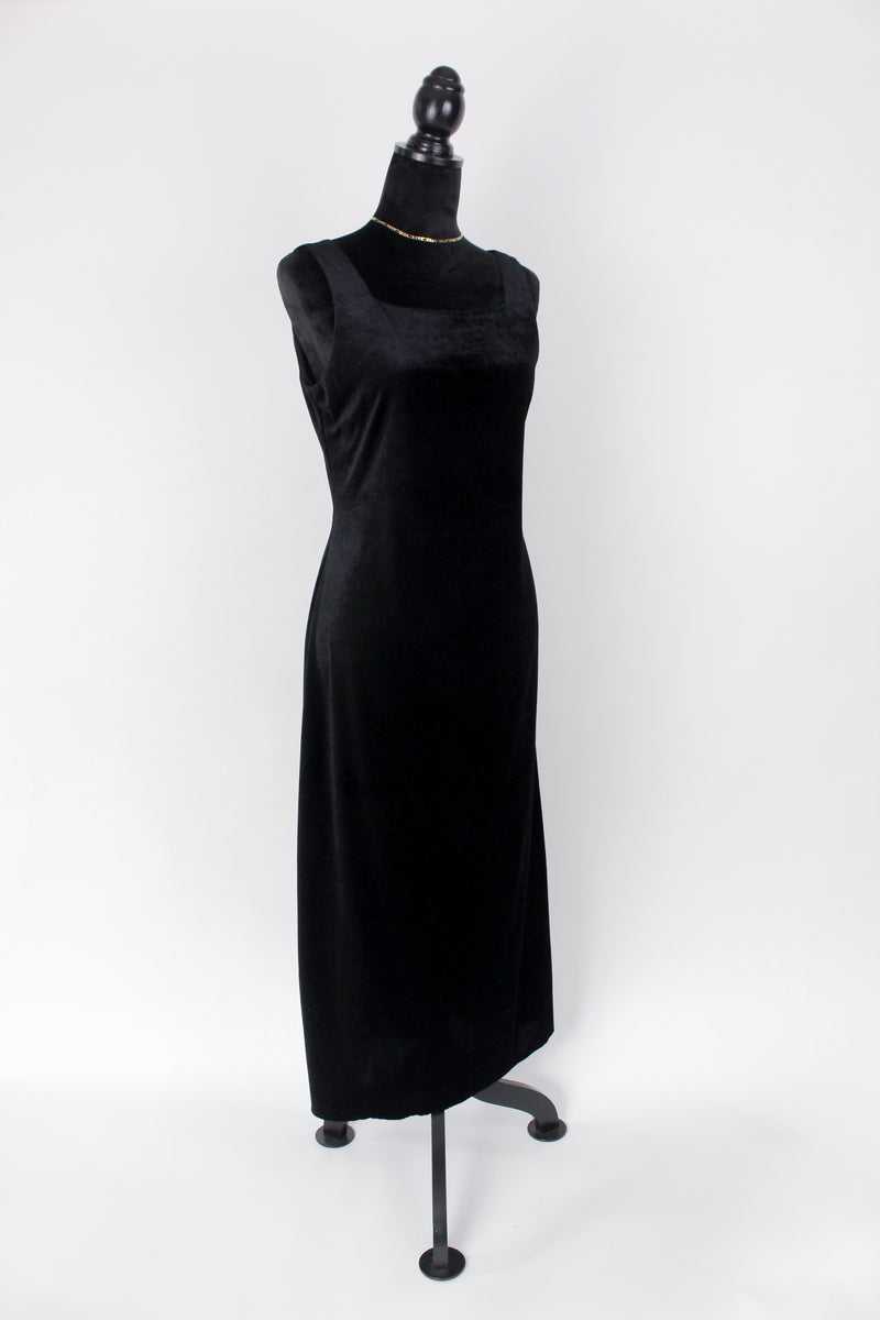 VELVET LACE ONE PIECE NECKLINE VINTAGE MIDI DRESS IN BLACK